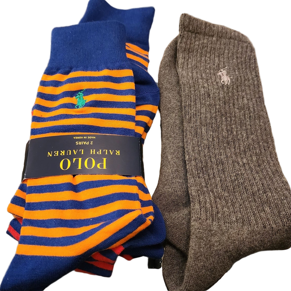 Polo Ralph Lauren Striped Blue and Orange Socks with Gray Set